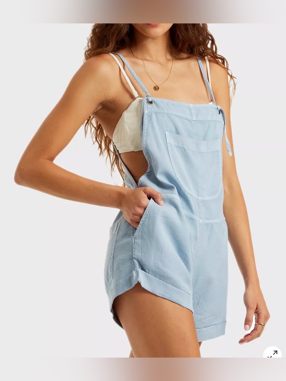 Billabong Wild Pursuit Short Overalls Romper L Washed Chambray Light Blue Cotton
